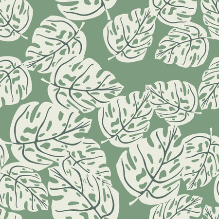 Random seamless flora tropic pattern with doodle monstera leaf shapes. Green pastel background. Vector illustration for seasonal textile prints, fabric, banners, backdrops and wallpapers.のイラスト素材