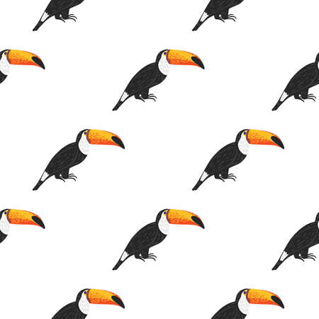 Zoo seamless doodle pattern with black and yellow colored cute toucan bird ornament. White background. Flat vector print for textile, fabric, giftwrap, wallpapers. Endless illustration.のイラスト素材