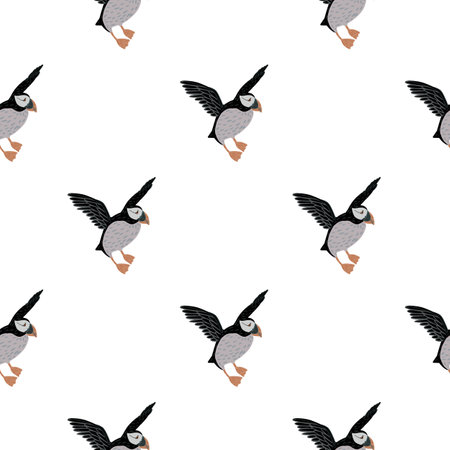 Isolated seamless cartoon pattern in kids style with grey and black colored puffin birds ornament. Flat vector print for textile, fabric, giftwrap, wallpapers. Endless illustration.のイラスト素材
