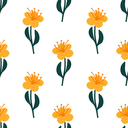 Isolated seamless pattern with bright yellow flower print. White background. Meadow flora backdrop. Stock illustration. Vector design for textile, fabric, giftwrap, wallpapers.のイラスト素材