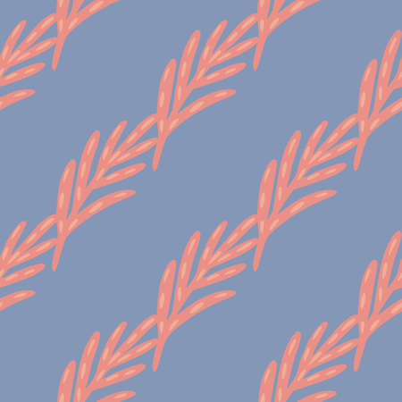 Diagonal geometric seamless pattern with botanic pink simple leaf branches. Blue pastel background. Flat vector print for textile, fabric, giftwrap, wallpapers. Endless illustration.のイラスト素材