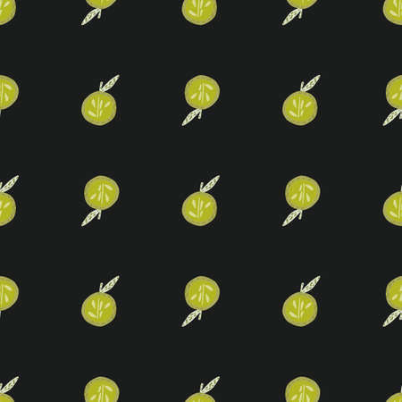 Contrast seamless pattern with doodle hand drawn green apple shapes. Black background. Fruit backdrop. Stock illustration. Vector design for textile, fabric, giftwrap, wallpapers.のイラスト素材