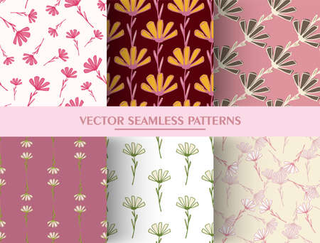 Set of seamless pattern with daisy ornament. Simple flower background collection. Botanic print. Vector print for textile, fabric, giftwrap, wallpapers. Endless illustration.の写真素材