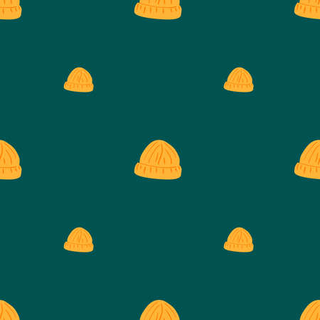 Contrast clothes seamless pattern in minimalistic style with orange beanie hat print. Dark rurquoise background. Stock illustration. Vector design for textile, fabric, giftwrap, wallpapers.のイラスト素材