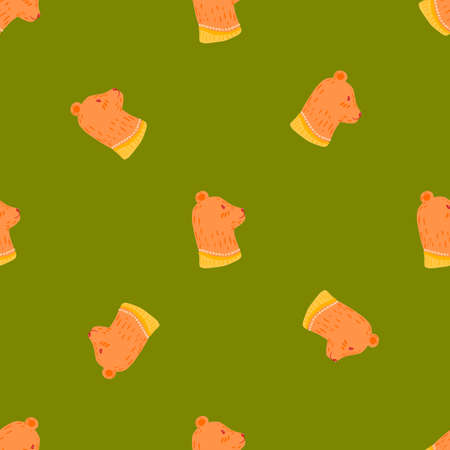 Cite simple pink bears print seamless doodle pattern. Green olive background. Creative funny zoo print. Flat vector print for textile, fabric, giftwrap, wallpapers. Endless illustration.のイラスト素材