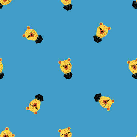 Business bear zoo fun ornament seamless pattern. Hand drawn kids style. Bright blue background. Flat vector print for textile, fabric, giftwrap, wallpapers. Endless illustration.のイラスト素材