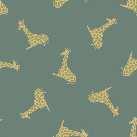 Pale seamless pattern with cartoon beige giraffe animal ornament. Turquoise background. Vector illustration for seasonal textile prints, fabric, banners, backdrops and wallpapers.のイラスト素材