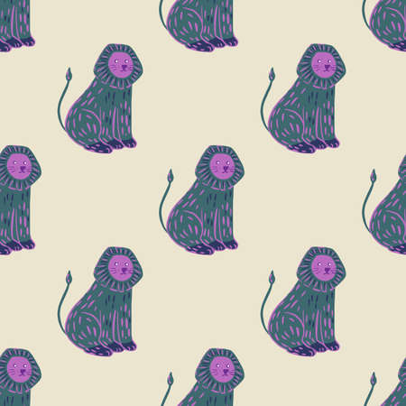 Pastel tones zoo seamless pattern with blue and purple colored lion ornament. Light background. Graphic design for wrapping paper and fabric textures. Vector Illustration.のイラスト素材