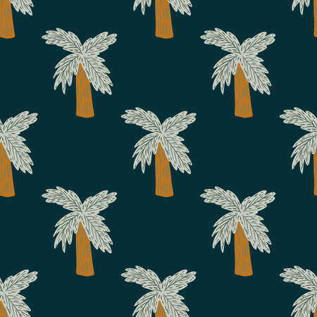 Dark seamless pattern with doodle hand drawn palm tree silhouettes. Navy blue background. Cartoon style. Graphic design for wrapping paper and fabric textures. Vector Illustration.のイラスト素材