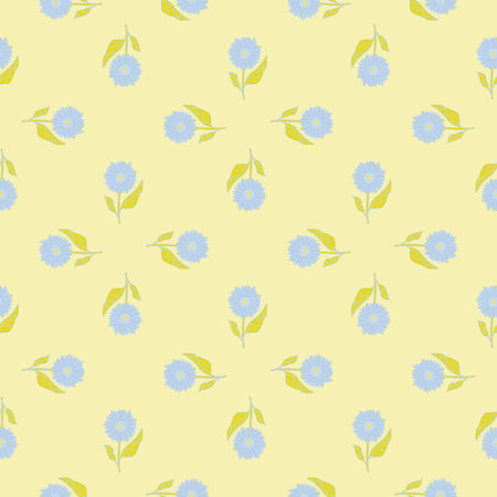 Light hand drawn seamless pattern with blue sunflowers elements. Yellow background. Summer print. Graphic design for wrapping paper and fabric textures. Vector Illustration.のイラスト素材