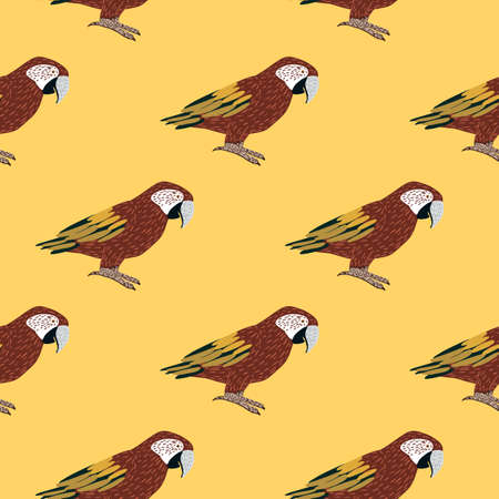 Brown colored doodle parrot ara bird seamless pattern. Exotic animal backdrop. Light yellow background. Stock illustration. Vector design for textile, fabric, giftwrap, wallpapers.のイラスト素材