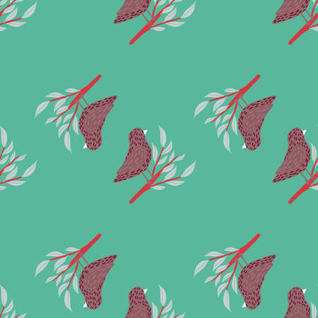 Minimalistic seamless doodle pattern with simple dark birds on branches shapes. Blue background. Vector illustration for seasonal textile prints, fabric, banners, backdrops and wallpapers.のイラスト素材