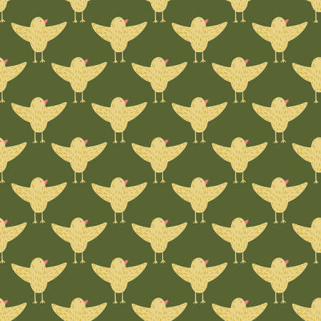 Abstract seamless pattern with yellow birds flying shapes. Green olive background. Vector illustration for seasonal textile prints, fabric, banners, backdrops and wallpapers.のイラスト素材