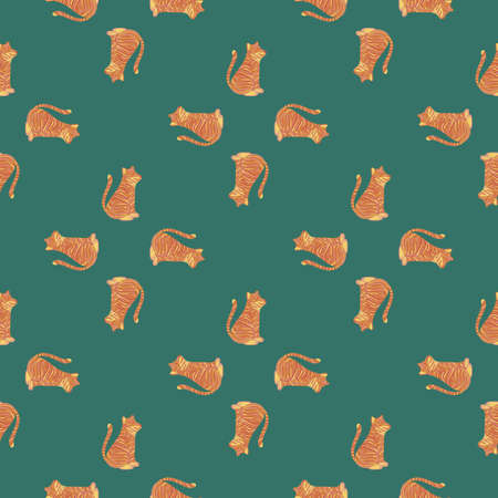 Geometric abstract seamless pattern with orange tiger silhouettes ornament. Turquoise background. Stock illustration. Vector design for textile, fabric, giftwrap, wallpapers.のイラスト素材