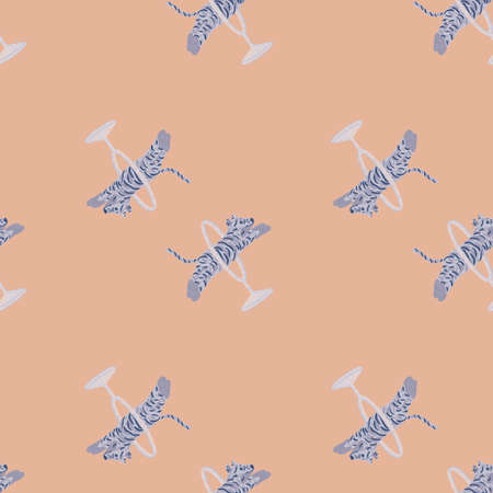 Minimalistic seamless pattern with doodle circus tiger silhouettes ornament. Beige background. Vector illustration for seasonal textile prints, fabric, banners, backdrops and wallpapers.のイラスト素材