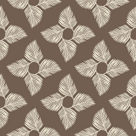 Geometric abstract seamless pattern with light grey fern leaf ornament. Pastel brown background. Vector illustration for seasonal textile prints, fabric, banners, backdrops and wallpapers.のイラスト素材