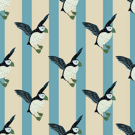 Ornithology seamless pattern with doodle simple hand drawn puffin silhouettes. Striped beige and blue background. Flat vector print for textile, fabric, giftwrap, wallpapers. Endless illustration.のイラスト素材