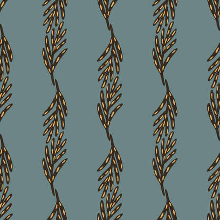 Autumn brown leaf twigs seamless pattern in doodle style. Blue pale background. Botanic simple design. Flat vector print for textile, fabric, giftwrap, wallpapers. Endless illustration.のイラスト素材