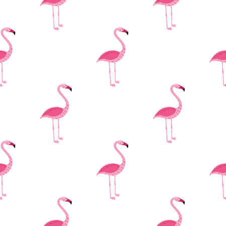 Isolated seamless exotic animal pattern with doodle pink flamingo silhouettes. White background. Vector illustration for seasonal textile prints, fabric, banners, backdrops and wallpapers.のイラスト素材