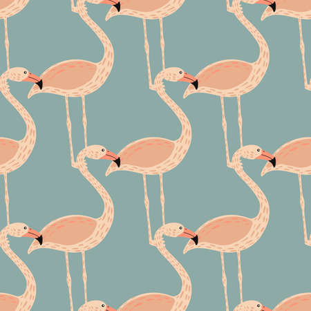 Creative hand drawn seamless pattern with pastel pink flamingo ornament. Blue pastel background. Vector illustration for seasonal textile prints, fabric, banners, backdrops and wallpapers.のイラスト素材