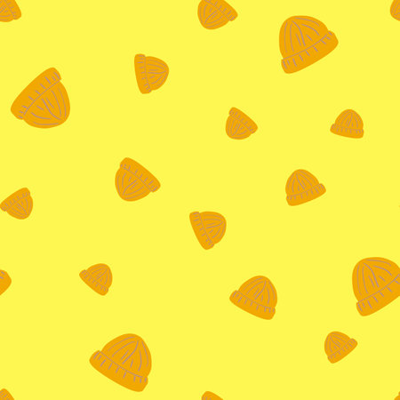 Random seamless simple pattern with orange beanie hat print. Yellow bright background. Creative design. Stock illustration. Vector design for textile, fabric, giftwrap, wallpapers.のイラスト素材