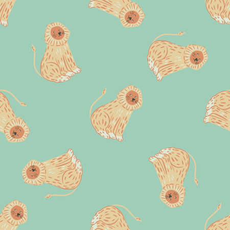 Cartoon kids seamless pattern with beige random lion ornament. Light blue background. Simple design. Graphic design for wrapping paper and fabric textures. Vector Illustration.のイラスト素材