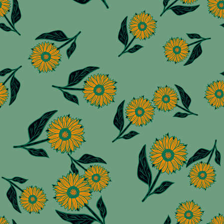 Random creative seamless pattern with yellow contoured sunflower shapes. Blue background. Bloom print. Graphic design for wrapping paper and fabric textures. Vector Illustration.のイラスト素材