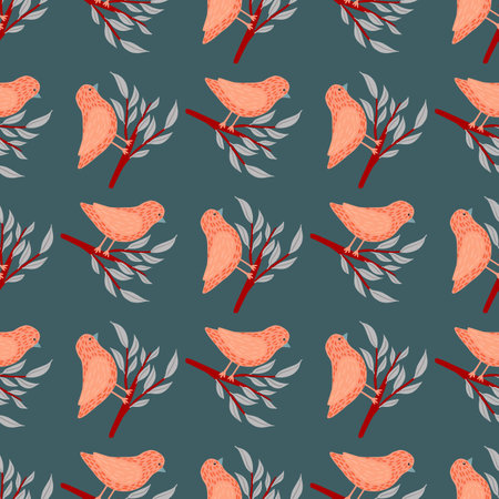 Zoo seamless doodle pattern with cute simple pink birds on branches ornament. Turquoise background. Vector illustration for seasonal textile prints, fabric, banners, backdrops and wallpapers.のイラスト素材