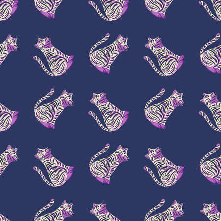 Cartoon tiger seamless pattern with simple purple predator tiger print. Navy blue background. Doodle artwork. Stock illustration. Vector design for textile, fabric, giftwrap, wallpapers.のイラスト素材