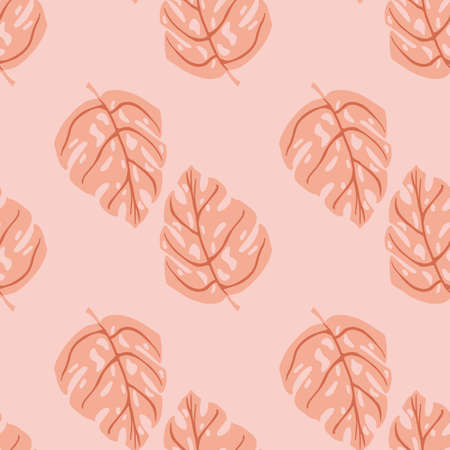 Hand drawn seamless pattern with doodle monstera print. Pink palette artwork. Summer hawaii print. Vector illustration for seasonal textile prints, fabric, banners, backdrops and wallpapers.のイラスト素材
