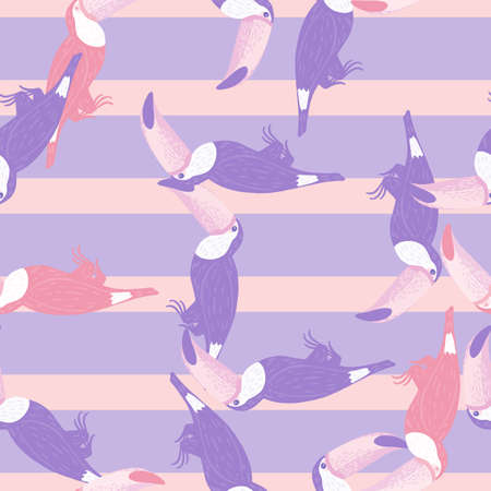 Seamless random pattern with purple and pink colored toucan birds shapes. Striped background. Flat vector print for textile, fabric, giftwrap, wallpapers. Endless illustration.のイラスト素材