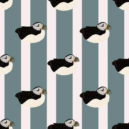 Ornithology seamless pattern with atlantic puffin black and white colored ornament. Striped blue background. Vector illustration for seasonal textile prints, fabric, banners, backdrops and wallpapers.のイラスト素材