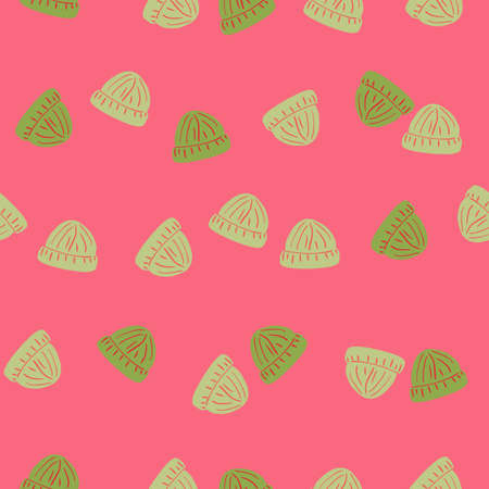 Random abstract green beanie hat print seamless pattern. Pink bright background. Clothes backdrop. Stock illustration. Vector design for textile, fabric, giftwrap, wallpapers.のイラスト素材
