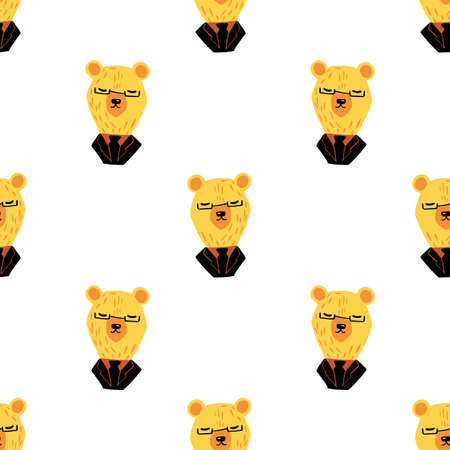 Isolated seamless pattern with cartoon funny yellow business bear print. White background. Flat vector print for textile, fabric, giftwrap, wallpapers. Endless illustration.のイラスト素材