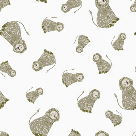 Seamless isolated pattern with exotic animals grey doodle lion silhouettes. White background. Graphic design for wrapping paper and fabric textures. Vector Illustration.のイラスト素材