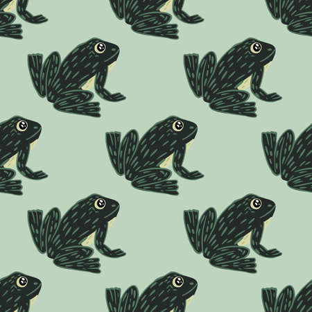 Black contoured frog silhouettes seamless pattern in doodle kids style. Light pastel blue background. Flat vector print for textile, fabric, giftwrap, wallpapers. Endless illustration.のイラスト素材