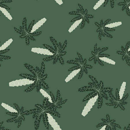 Botanic seamless random pattern with hand drawn palm tree ornament. Green background. Simple design. Flat vector print for textile, fabric, giftwrap, wallpapers. Endless illustration.のイラスト素材