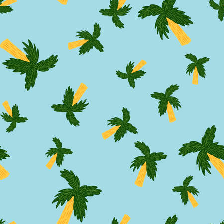Bright random seamless pattern with yellow and green colored palm tree ornament. Blue background. Graphic design for wrapping paper and fabric textures. Vector Illustration.のイラスト素材