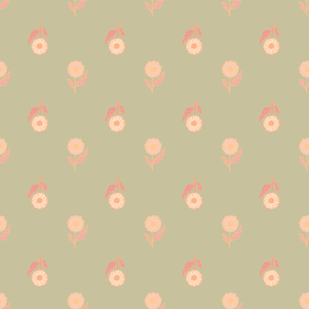 Pastel tones seamless pattern with pink little sunflower elements. Grey background. Floral ornament. Graphic design for wrapping paper and fabric textures. Vector Illustration.のイラスト素材