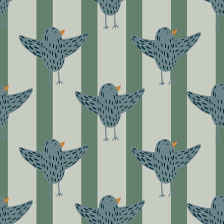 Contoured dashes birds ornament seamless pattern in doodle style. Striped grey and green background. Vector illustration for textile prints, fabric, banners, backdrops and wallpapers.のイラスト素材
