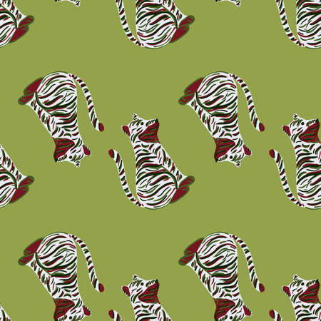 Nature seamless pattern with brown and grey colored tiger silhouettes. Green pastel background. Stock illustration. Vector design for textile, fabric, giftwrap, wallpapers.のイラスト素材