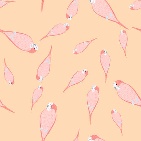 Exotic bird seamless pattern with doodle pink colored parrot shapes. Light orange background. Flat vector print for textile, fabric, giftwrap, wallpapers. Endless illustration.のイラスト素材