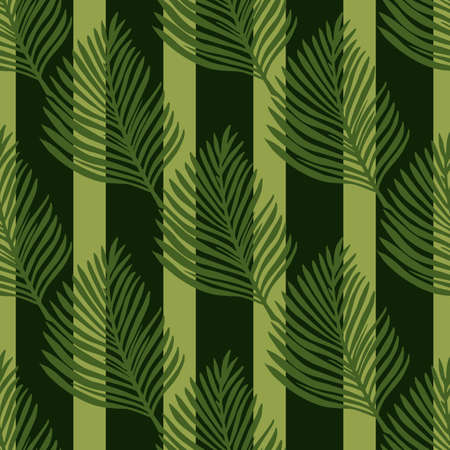 Vintage botanic seamless pattern with green hand drawn fern leaf ornament. Black striped background. Vector illustration for seasonal textile prints, fabric, banners, backdrops and wallpapers.のイラスト素材