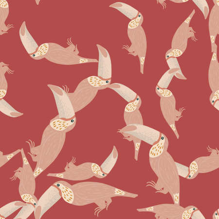 Random seamless zoo tropic pattern with pale pink toucan bird ornament. Maroon pastel background. Flat vector print for textile, fabric, giftwrap, wallpapers. Endless illustration.のイラスト素材