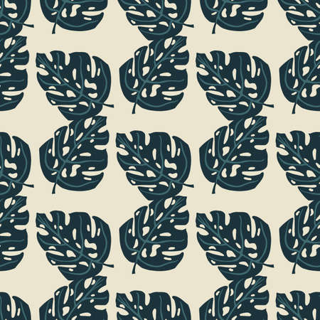 Seamless doodle pattern with simple navy blue monstera leaf silhouettes ornament. Light background. Vector illustration for seasonal textile prints, fabric, banners, backdrops and wallpapers.のイラスト素材
