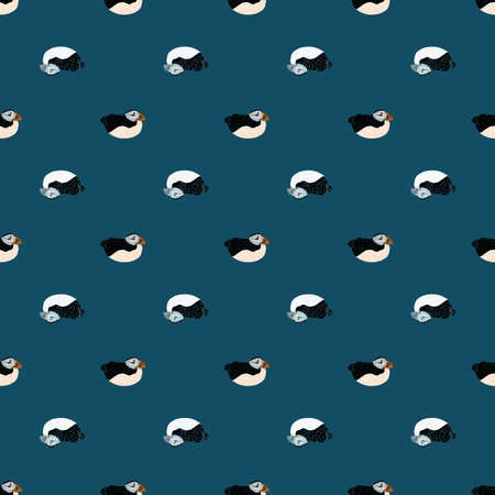 Abstract zoo seamless doodle pattern with hand drawn puffin bird shapes. Navy blue pale background. Vector illustration for seasonal textile prints, fabric, banners, backdrops and wallpapers.のイラスト素材