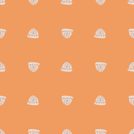 Decorative seamless pattern with knitted light grey beanie hat silhouettes. Orange pastel background. Stock illustration. Vector design for textile, fabric, giftwrap, wallpapers.のイラスト素材