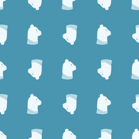 Bright seamless animal kids pattern with polar bear head ornament. Blue background. Doodle backdrop. Flat vector print for textile, fabric, giftwrap, wallpapers. Endless illustration.のイラスト素材