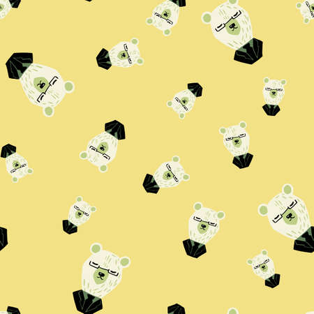 Seamless random pattern with white bear heads in tuxedo outfits. Light yellow background. Childish backdrop. Flat vector print for textile, fabric, giftwrap, wallpapers. Endless illustration.のイラスト素材