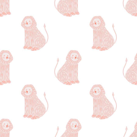 Isolated seamless pattern with light pink cartoon lion ornament. White background. Kids style. Graphic design for wrapping paper and fabric textures. Vector Illustration.のイラスト素材